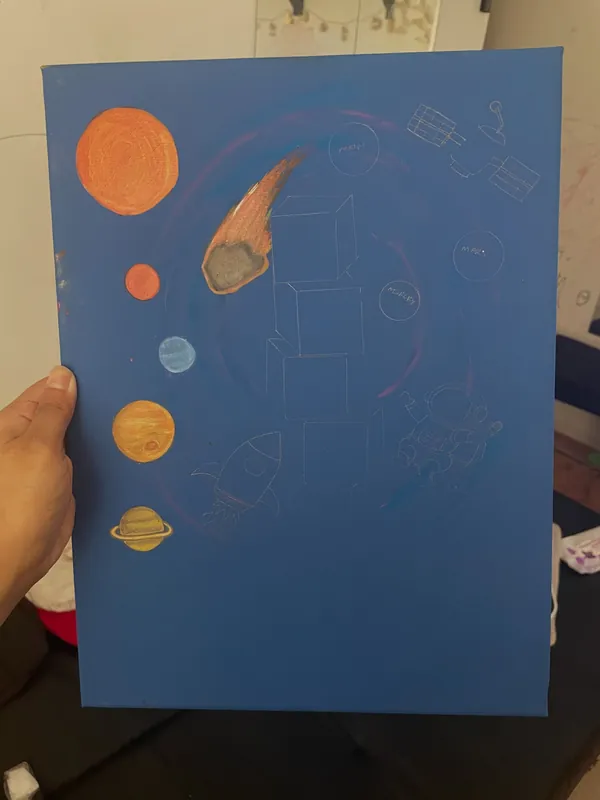 Blue painted background with the first planets